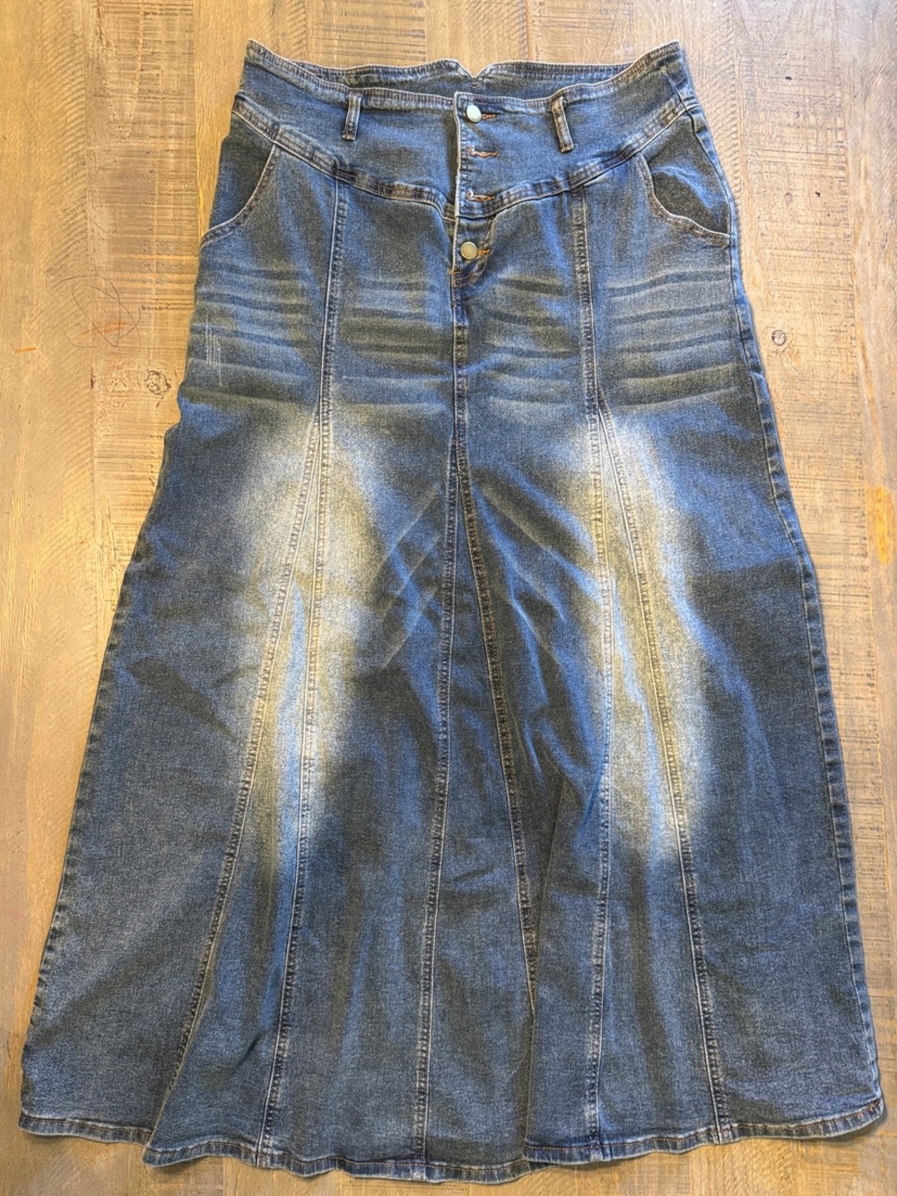 High-Rise Indigo Denim Maxi Skirt with Panel Detailing